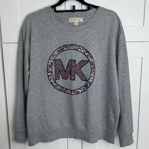 Michael Kors Heather Gray Sweatshirt with Floral MK Logo - L - EUC